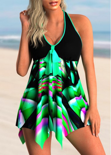 Modlily Halter Asymmetric Hem Bowknot Printed Swimdress and Panty - S