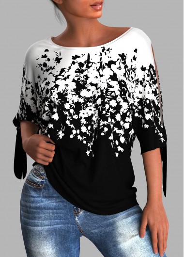 Modlily Floral Print Tie Sleeve Round Neck T Shirt - M