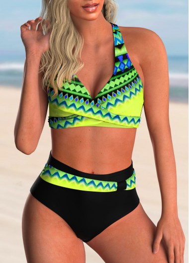 Modlily Geometric Print Criss Cross Back Bikini Set - S