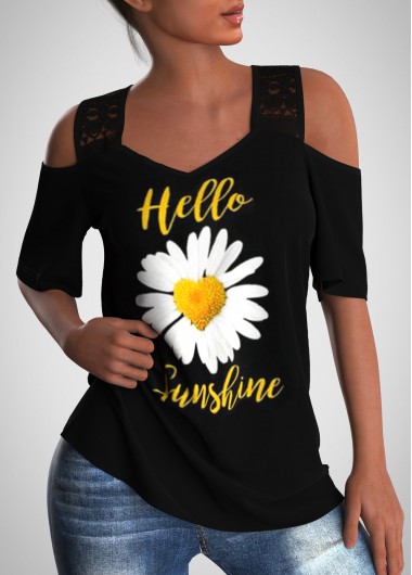 Modlily Daisy Print Lace Stitching Cold Shoulder T Shirt - XL