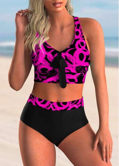 Modlily Bowknot Detail Printed Criss Cross Back Bikini Set - L