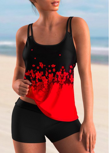 Modlily Ombre Spaghetti Strap Floral Print Tankini Set - S