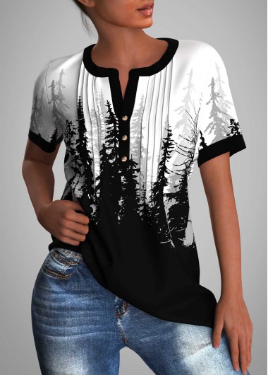 Modlily Ombre Scape Print Split Neck Blouse - S