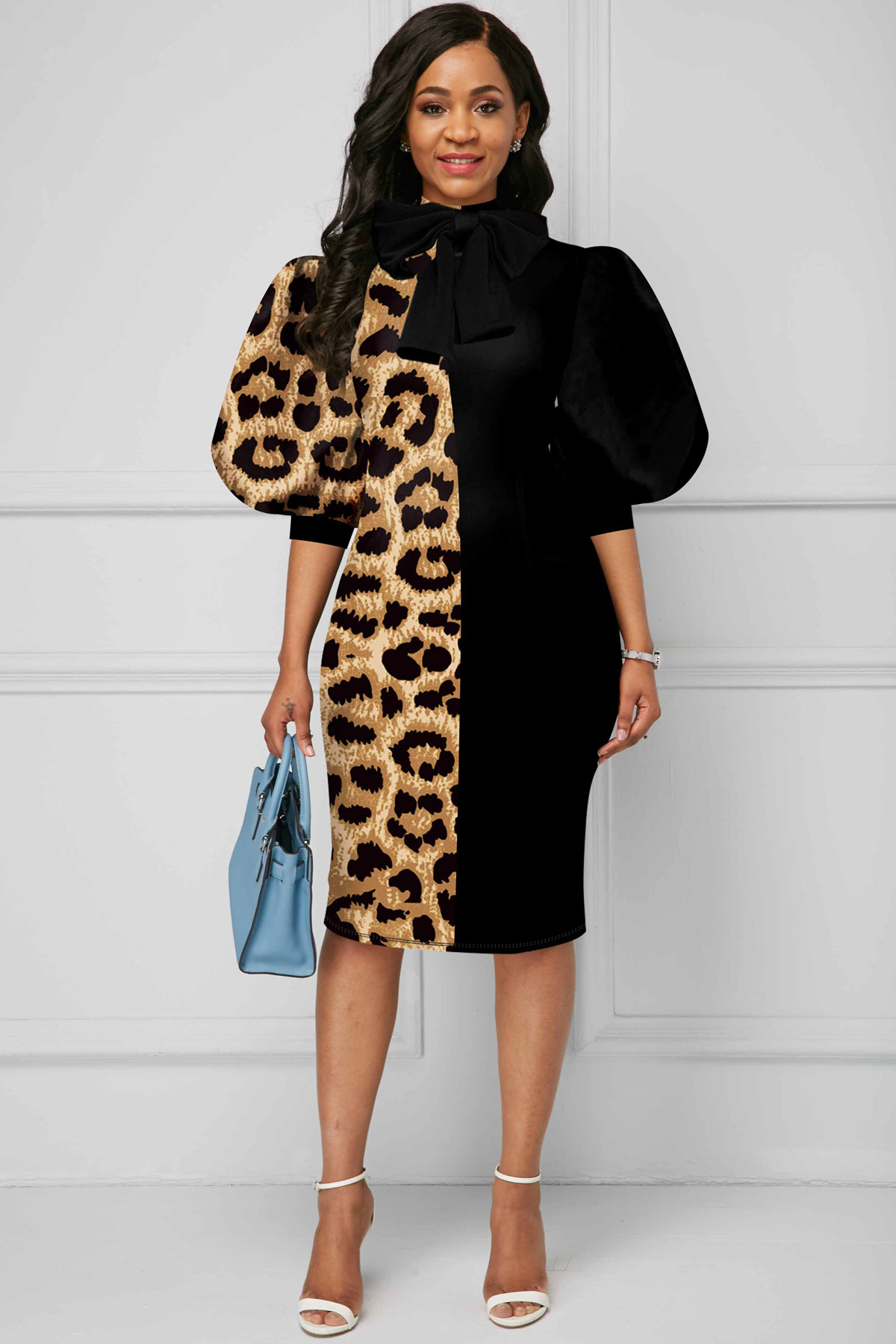 Leopard Puff Sleeve Color Block Bowknot Dress