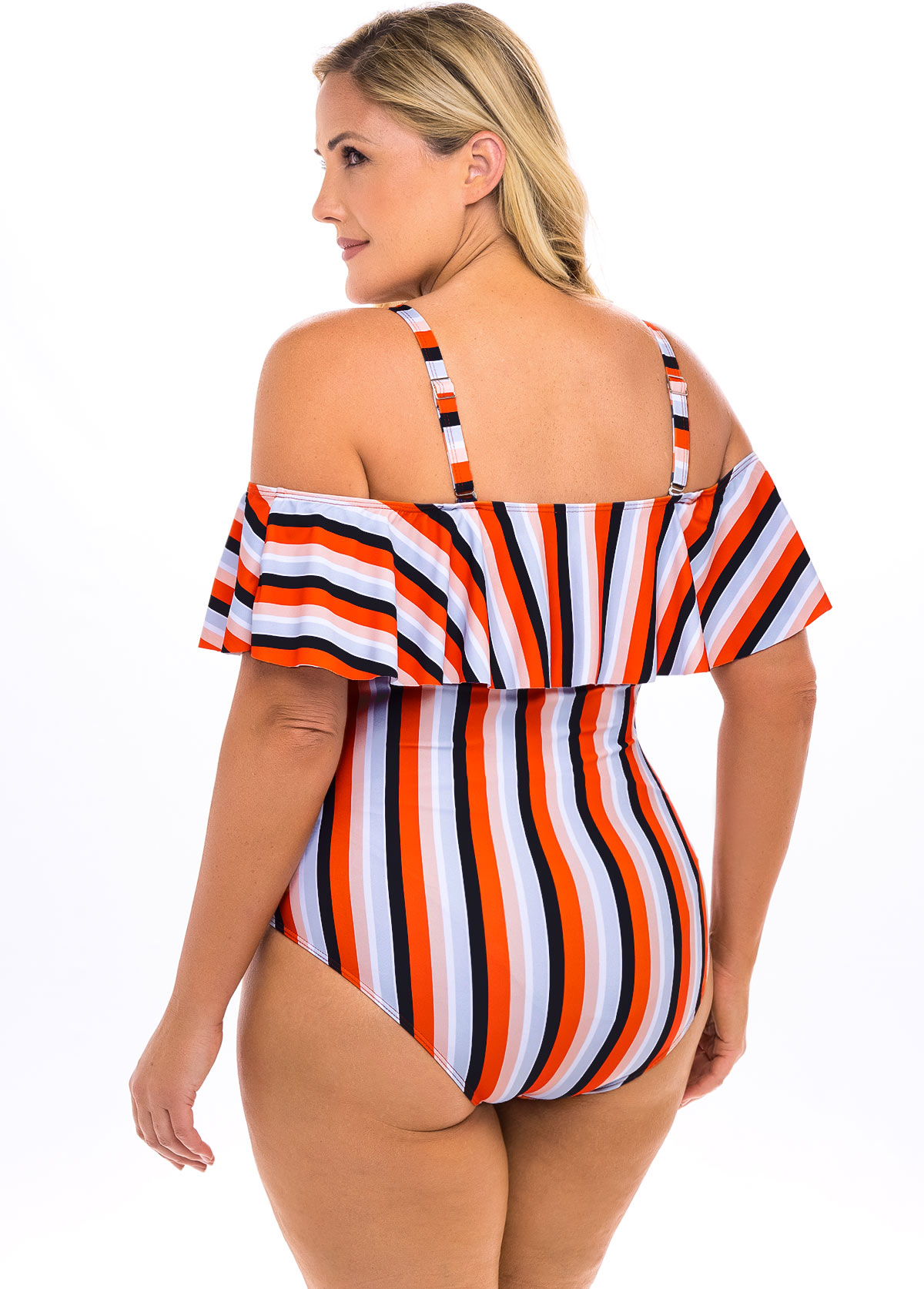 Plus Size Striped Cold Shoulder One Piece Swimwear