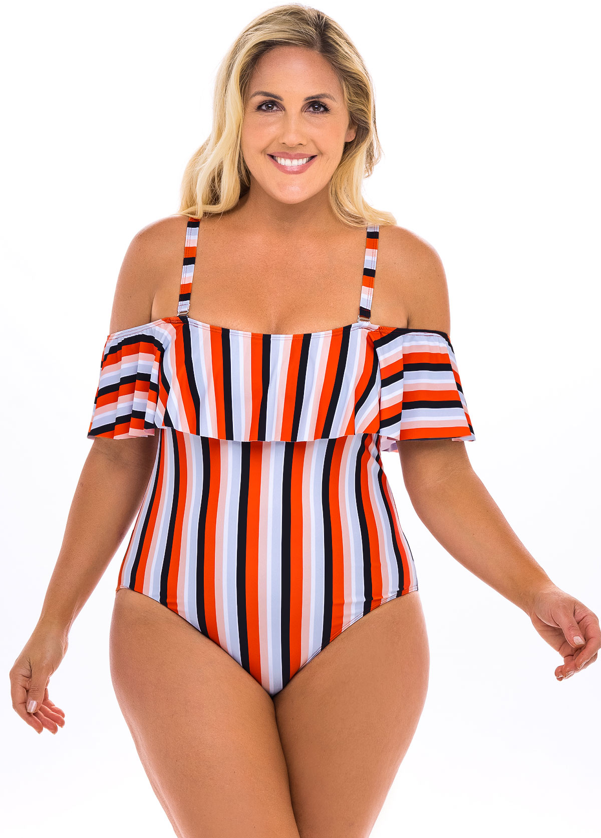 Plus Size Striped Cold Shoulder One Piece Swimwear