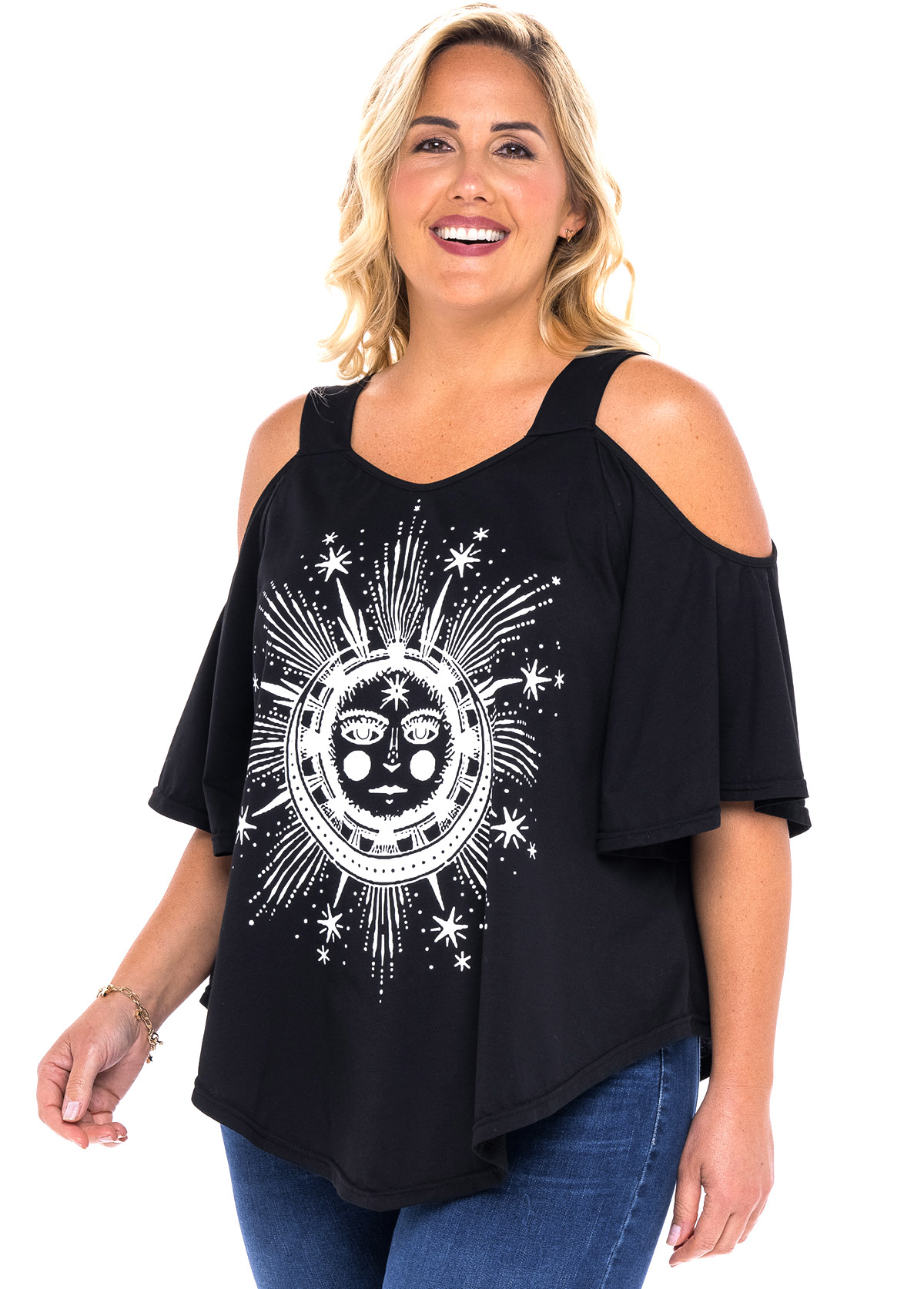 Plus Size Cold Shoulder Astrology Print T Shirt