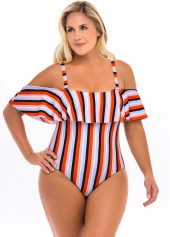 Plus Size Striped Cold Shoulder One Piece Swimwear