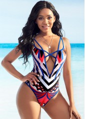 Criss Cross Tribal Print Multi Color One Piece Swimwear