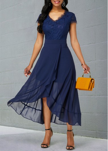 Modlily Navy Blue Party Dress Short Sleeve Elegant Lace Patchwork V Neck Tulip Hem Chiffon Dress - L