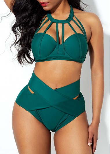 Modlily Green Strappy Neck Underwire High Waist Padded Cross Front Sexy Bikini Swimsuit - XL