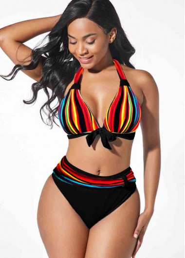 Modlily Rainbow Color Bowknot Halter Bikini Set - XXL