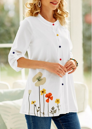 Modlily Floral Print Colorful Button White Blouse - S