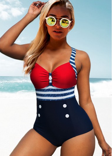 Modlily American Flag Print Cutout Back One Piece Swimwear - L