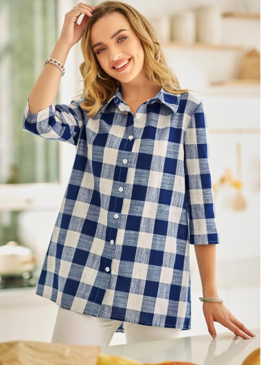 Modlily Plaid Button Up Turndown Collar Blouse - M