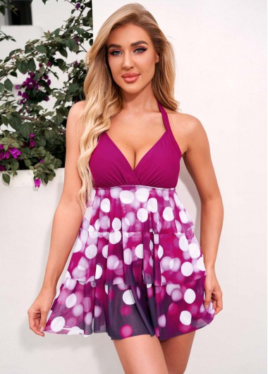 Modlily Halter Polka Dot Layered Mesh Swimdress and Panty - L