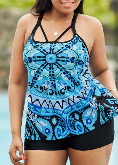 Modlily Tribal Print Criss Cross Back Plus Size Tankini Set - 2X