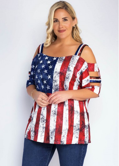 Modlily Plus Size American Flag Print Cold Shoulder T Shirt - 2X