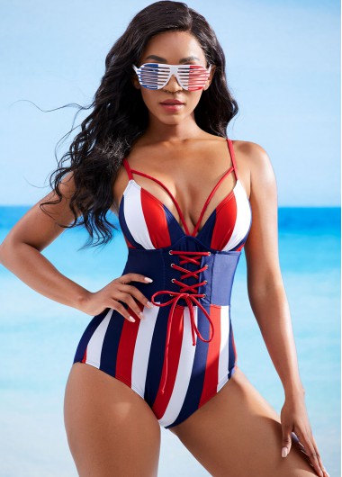 Modlily American Flag Print Lace Up One Piece Swimwear - S