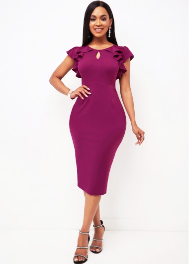 Modlily Lace Stitching Ruffle Sleeve Keyhole Neckline Dress - M