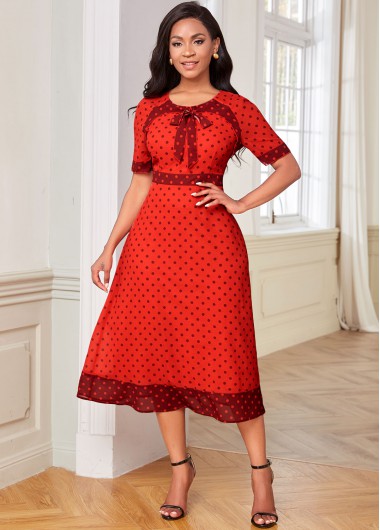 Modlily Polka Dot Short Sleeve Bowknot Dress - M