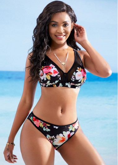 Modlily Mesh Stitching Floral Print Bikini Set - XXL