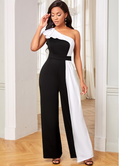 Modlily Contrast Skew Neck Ruffle Trim Jumpsuit - M