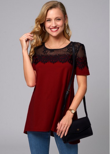 Modlily Lace Stitching Round Neck Short Sleeve T Shirt - M