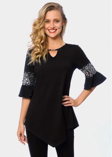 Modlily Keyhole Neckline Asymmetric Hem Sequin T Shirt - M