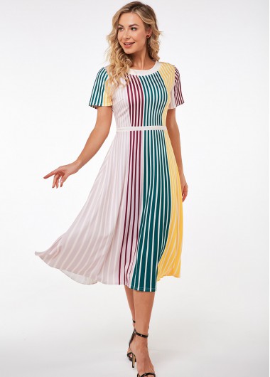 Modlily Striped Round Neck Short Sleeve Dress - L