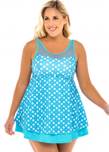Modlily Plus Size Mesh Stitching Polka Dot Swimdress and Shorts - 2X