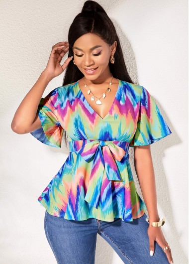 Modlily V Neck Bowknot Short Sleeve Blouse - XL