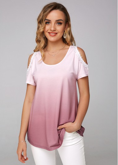 Modlily Tie Dye Print Cold Shoulder Lace Stitching T Shirt - M