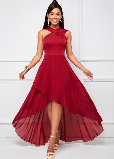 Modlily Wine Red Dip Hem Cross Ankle Length Strap Sleeveless Maxi Party Dress - M