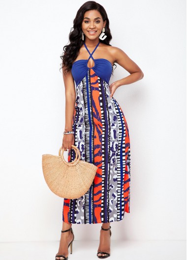 Modlily Cross Halter Tribal Print Tie Back Dress - XL
