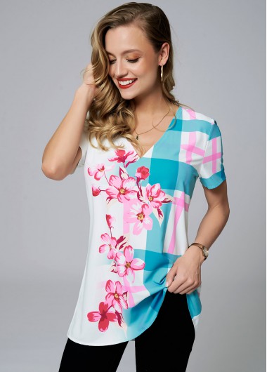 Modlily Floral Print V Neck Short Sleeve Blouse - L