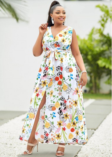 Modlily Plus Size Floral Print Side Slit Dress - 3X