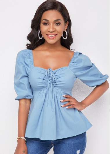 Modlily Drawstring Detail Half Sleeve Solid Blouse - XL