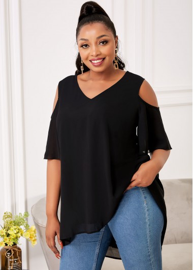 Modlily Cold Shoulder Asymmetric Hem Plus Size Blouse - 2X