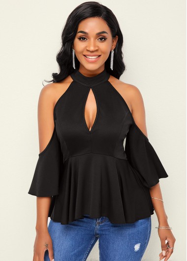 Modlily Cold Shoulder Flare Sleeve Keyhole Neckline Blouse - S