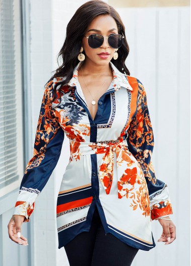 Modlily Turndown Collar Long Sleeve Belted Blouse - M