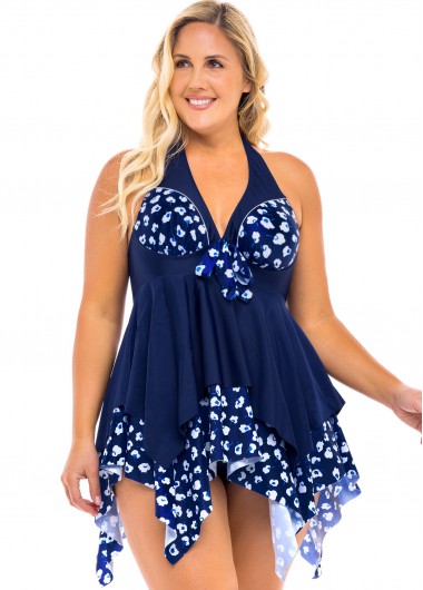 Modlily Plus Size Printed Asymmetric Hem Swimdress and Panty - 1X