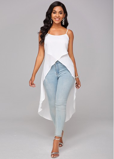 Modlily Asymmetric Hem White Spaghetti Strap Camisole Top - M