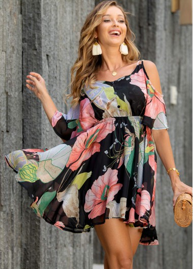Modlily Strappy Cold Shoulder Floral Print Dress - XL