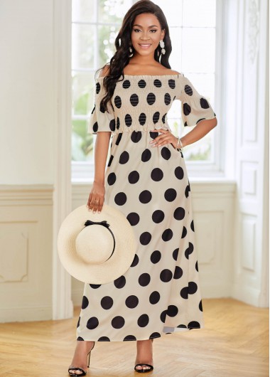 Modlily Polka Dot Off Shoulder Shirred Dress - L