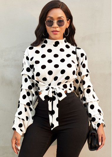 Modlily Polka Dot Knotted Hem Long Sleeve Blouse - M