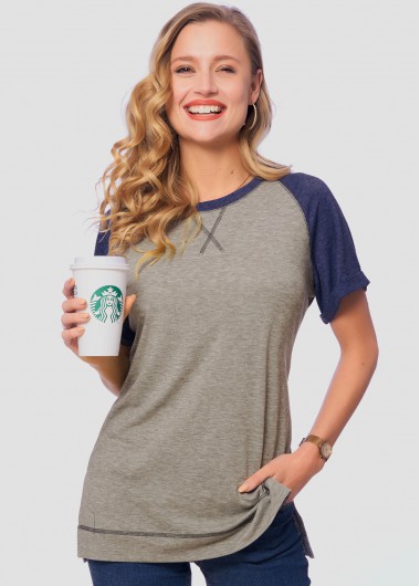 Modlily Contrast Short Sleeve Round Neck T Shirt - L