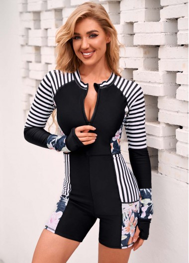 Modlily Quarter Zip Stripe and Floral Print One Piece Swimwear - S