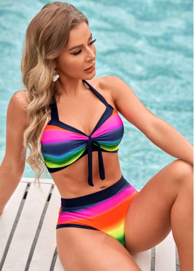Modlily Ombre Rainbow Color Halter Bikini Set - 3XL
