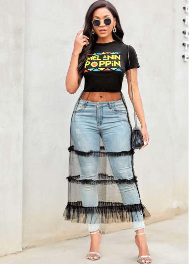 Modlily Mesh Stitching Letter Print Round Neck T Shirt - L